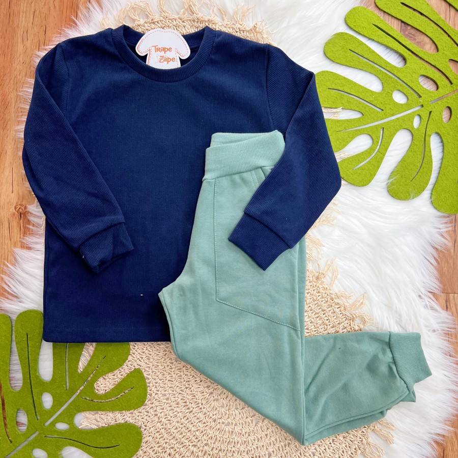 Conj. Blusa Manga Longa Keep Rolling e Calça de Moletom - Marinho e Verde